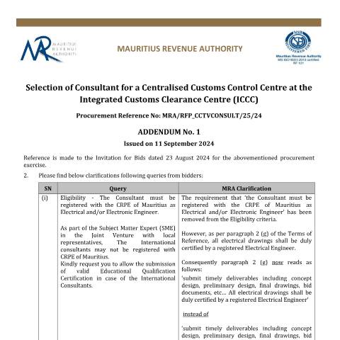 Document preview: Addendum No 1 (11.09.24) — Document, Mauritius (CERFA n°Add1-110924)